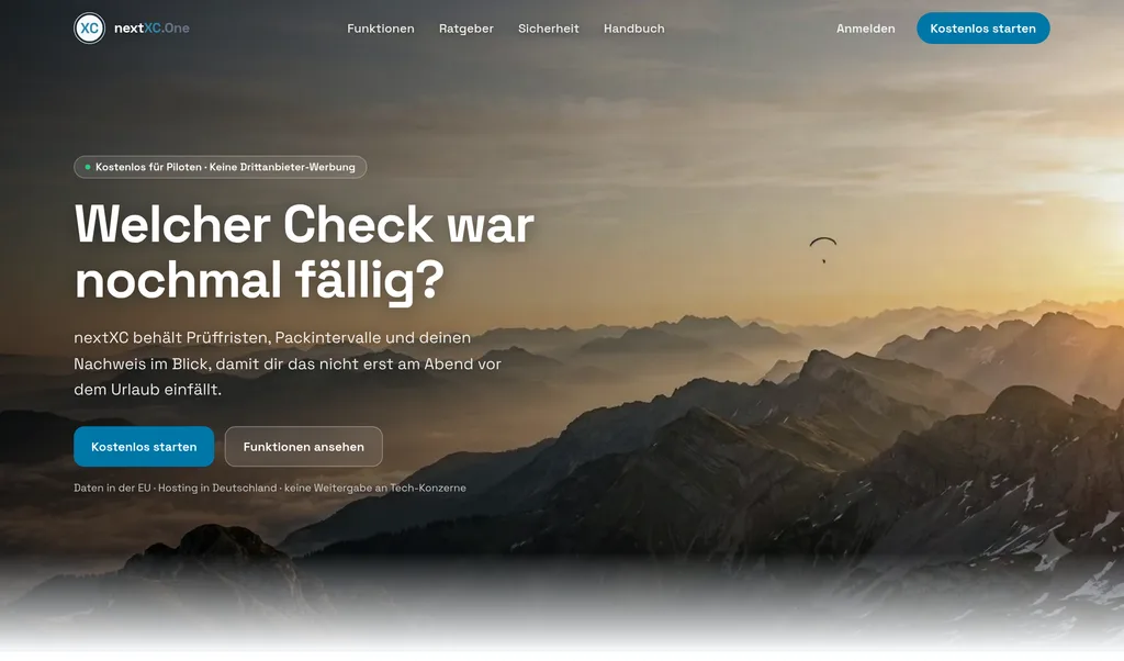 Startseite von nextXC mit Bergpanorama und der Frage, welcher Check faellig war
