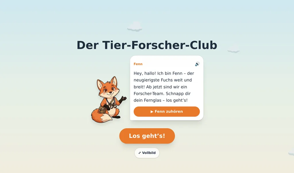 Startbildschirm mit einem gezeichneten Fuchs, der die spielende Person begrüßt